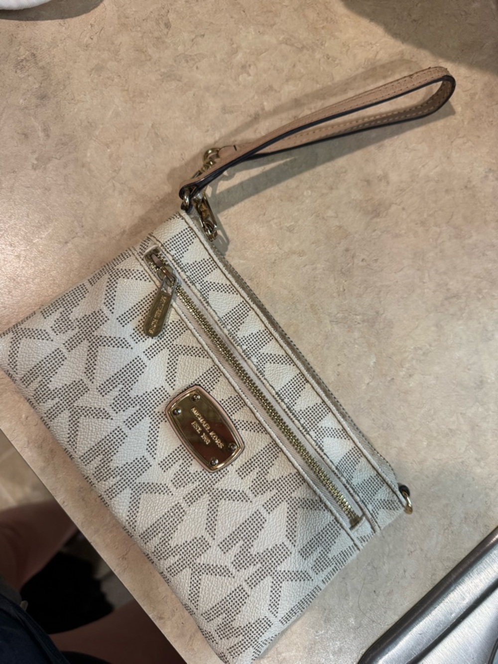 Michael Kors Cream & Tan Logo Wristlet Clutch